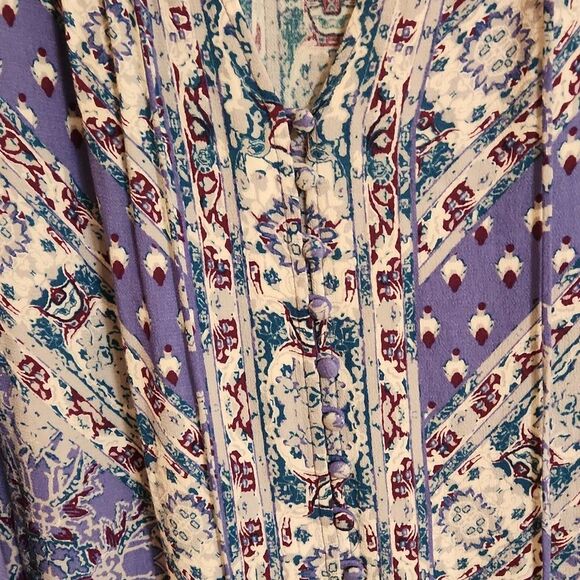 Free People Blue Boho Print Tunic Top w/ Flowy Sleeves & Buttons Size M - Picture 3 of 9